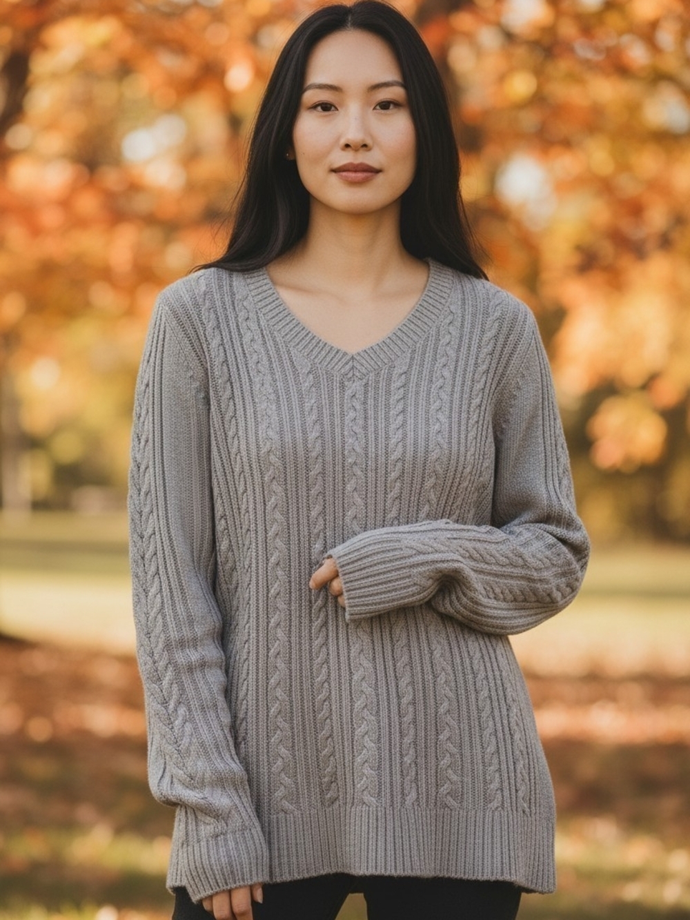 Croft & Barrow Women’s XL Gray Cable Knit V Neck Cotton Blend Sweater - Picture 8 of 8